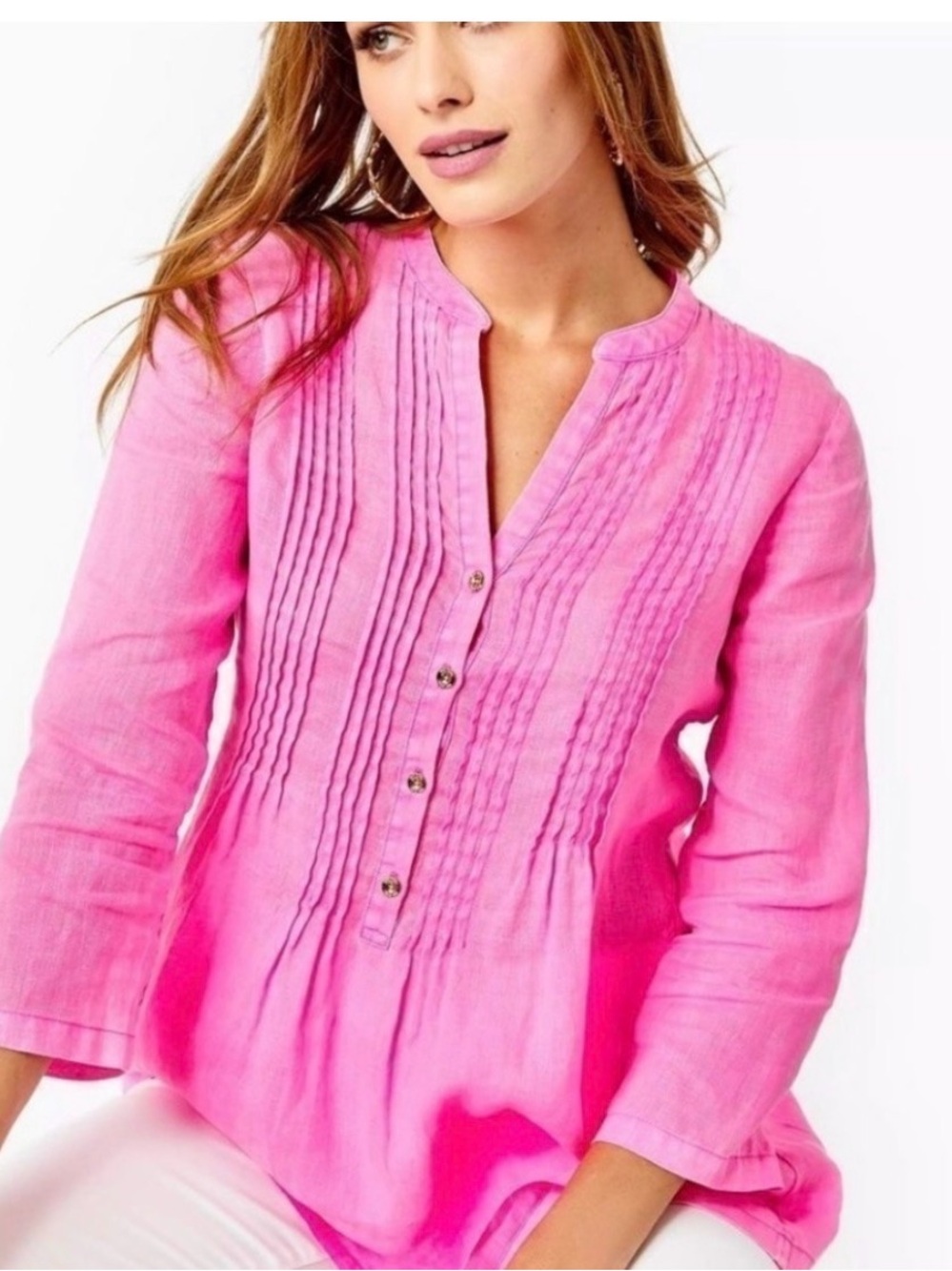 Lilly Pulitzer Bright Pink Pintuck Henley Tunic
